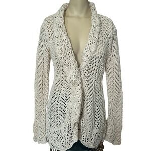 Boston‎ Proper Crochet Sweater Cardigan Women's Small Wool Blend Beige Chunky
